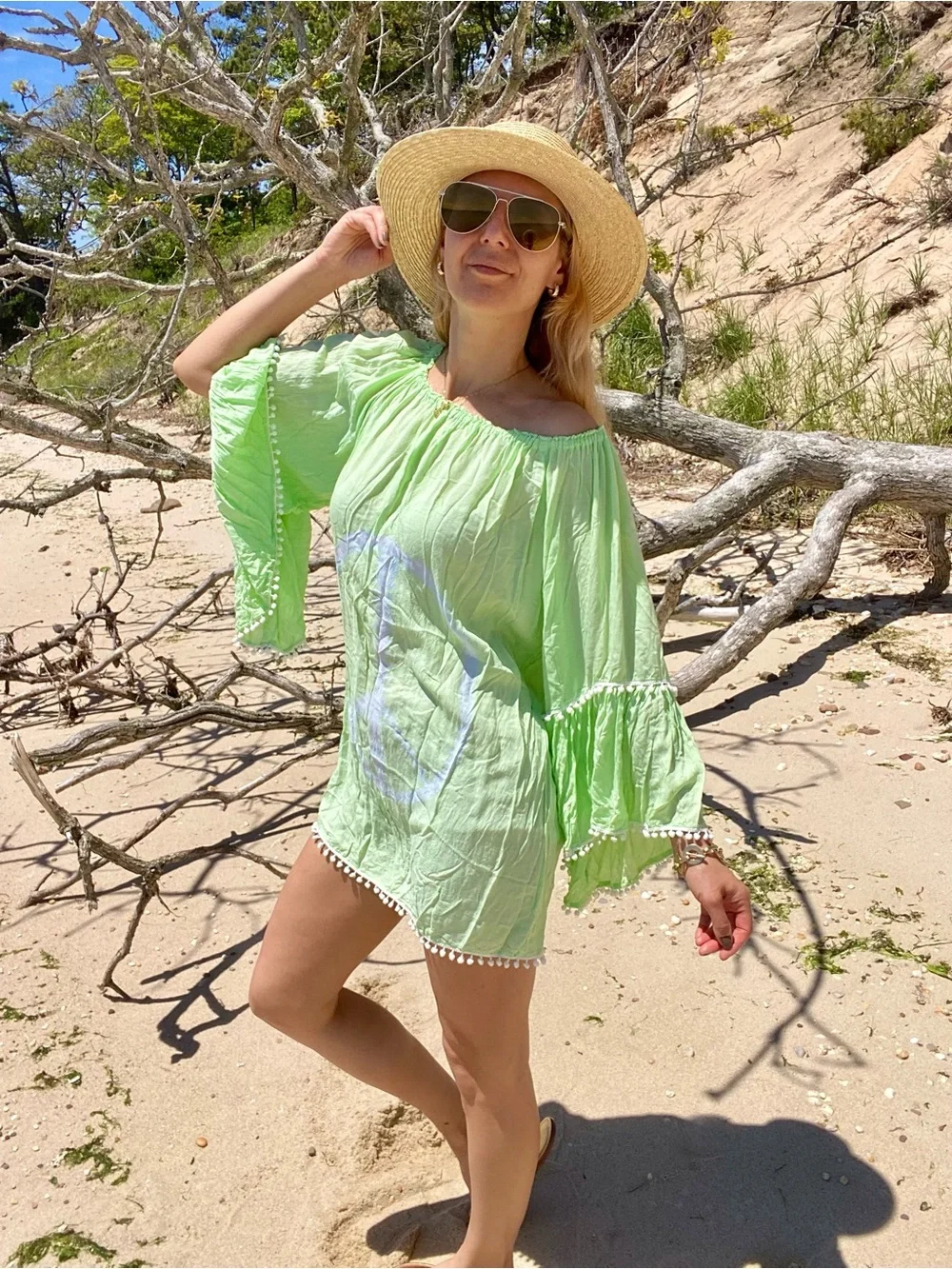 BOHO Lime Green Off-Shoulder Pom Pom Beach Cover-Up! 🐚